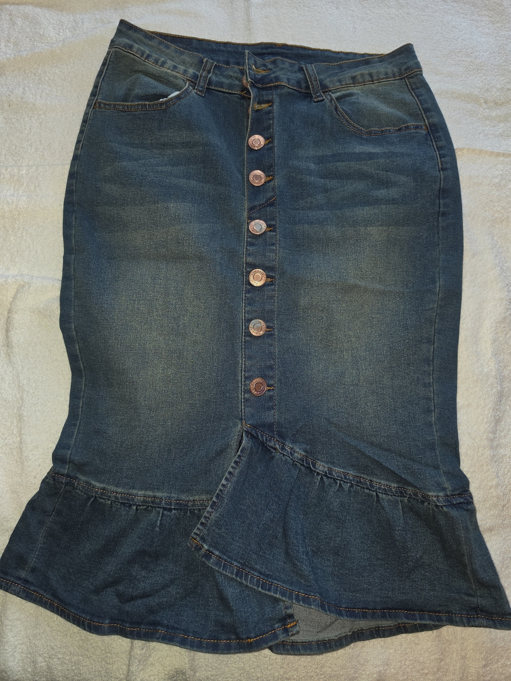 Denim Button-Front Mermaid Style Skirt with Ruffle Hem - Blue